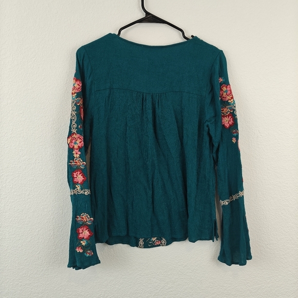 Savanna Jane Turquoise Floral Embroidered Long Sleeve V Neck Blouse Small - Picture 7 of 9
